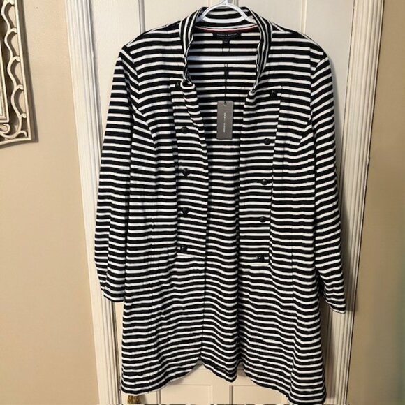 TOMMY HILFIGER BLACK & WHITE STRIPED JACKET, 2X, NAUTICAL, MILITARY, NWT - Picture 1 of 3